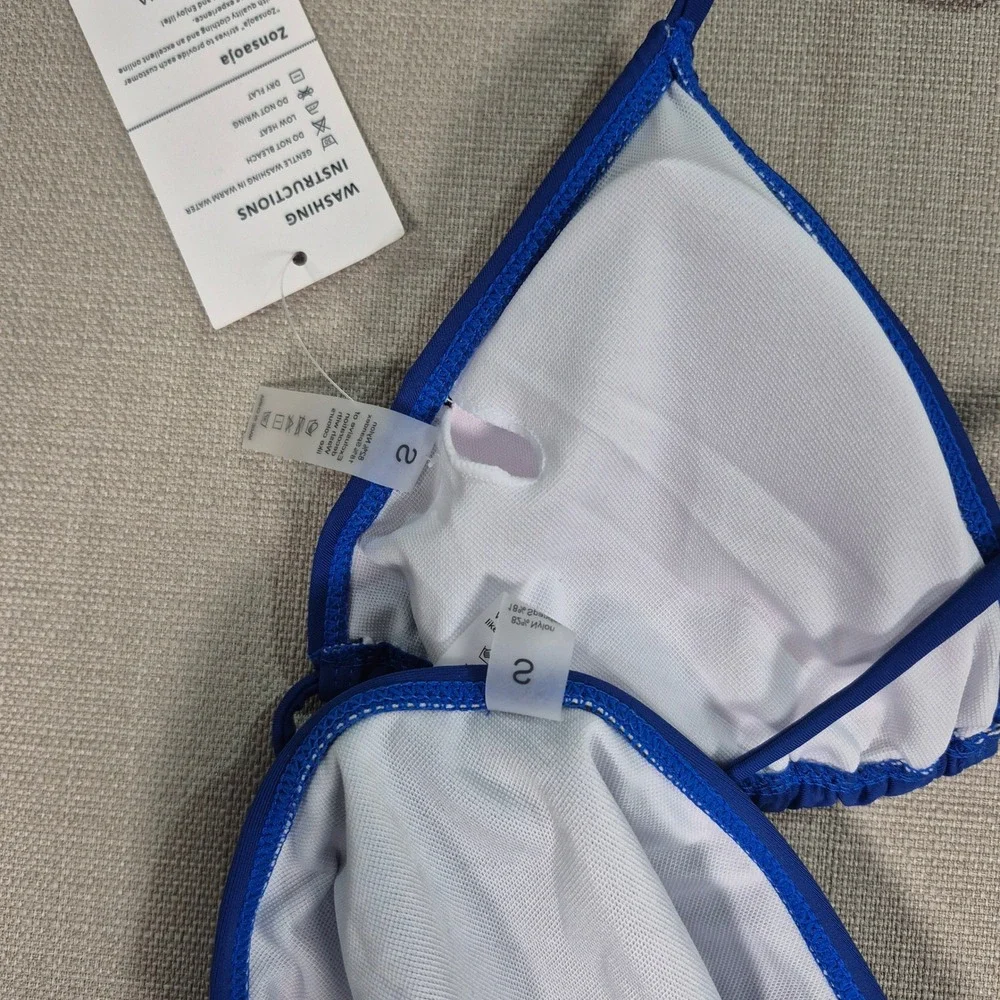 Zonsaoja Blue Triangle Halter Bikini Set Side Tie Bottoms Size Small NWT